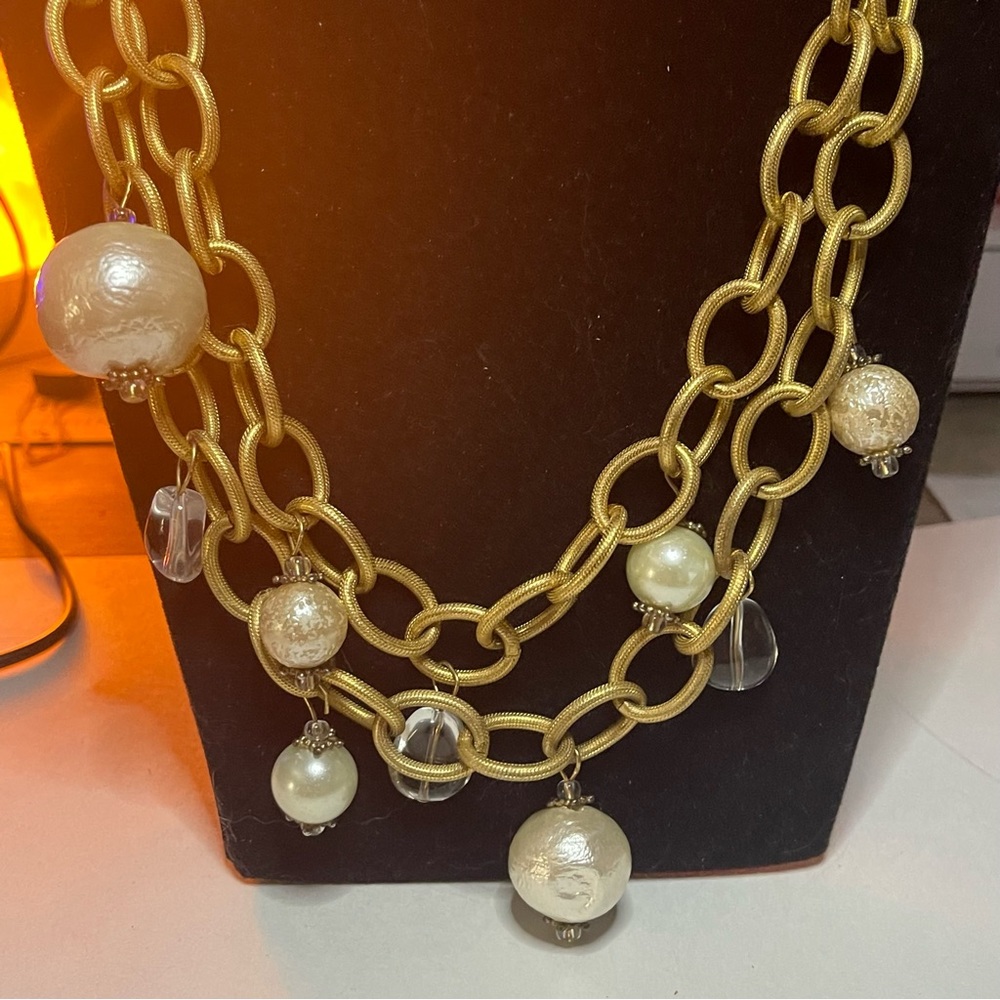 Vintage ANNE KLEIN Gold Plated Pearl Crystal Charm 2 Chain Tie Choker Necklace - Picture 5 of 14